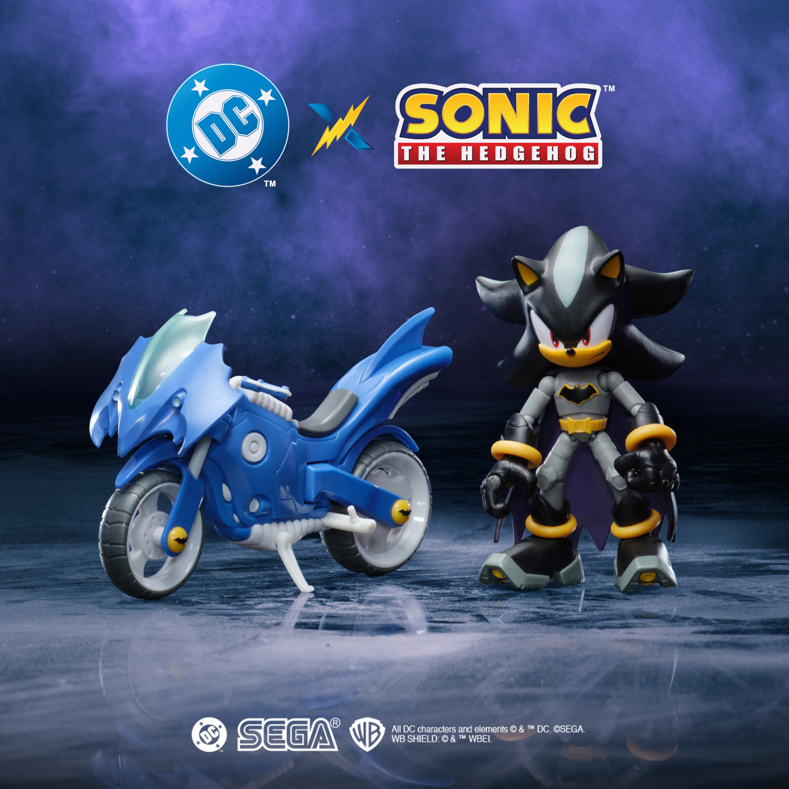 Coffret Figurine articulée DC x Sonic Shadow en Batman et Batcycle, Jakks Pacific, Comprenant Une Figurine Shadow de 12,7cm & Un véhicule interactif avec Roues Mobiles et béquille Fonctionnelle.