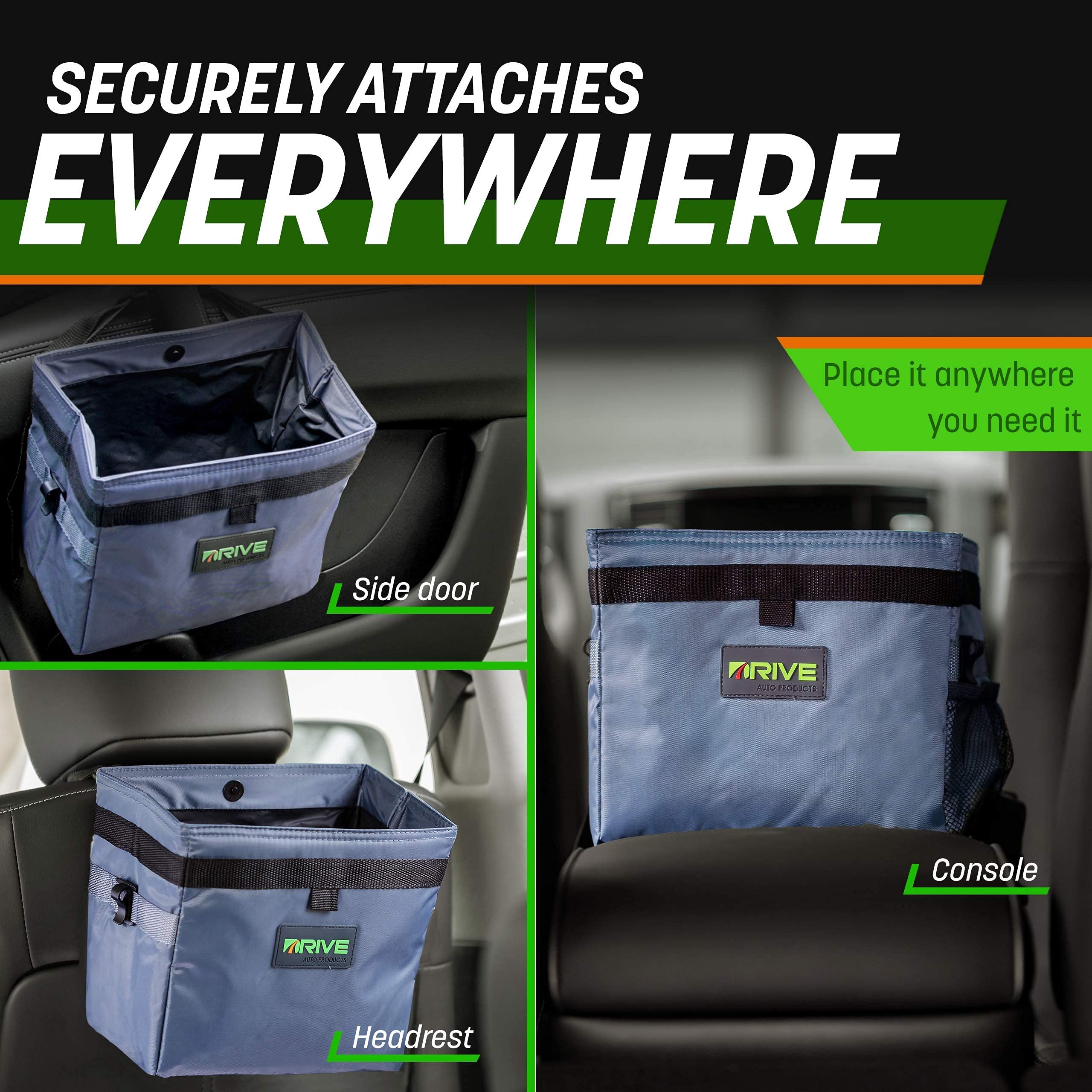 Drive Auto Car Trash Can Collapsible, Leakproof Garbage Bin with Adjustable Strap and 20 Trash