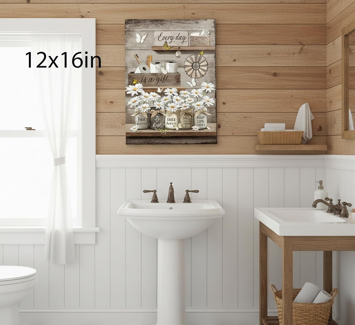 Farmhouse Bathroom Canvas Wall Art,Rustic Bathroom Poster Prints.Vintage Country Daisy Butterfly Painting,Retro Inspirational Quotes Picture Home Wall Decor 12x16in Framed
