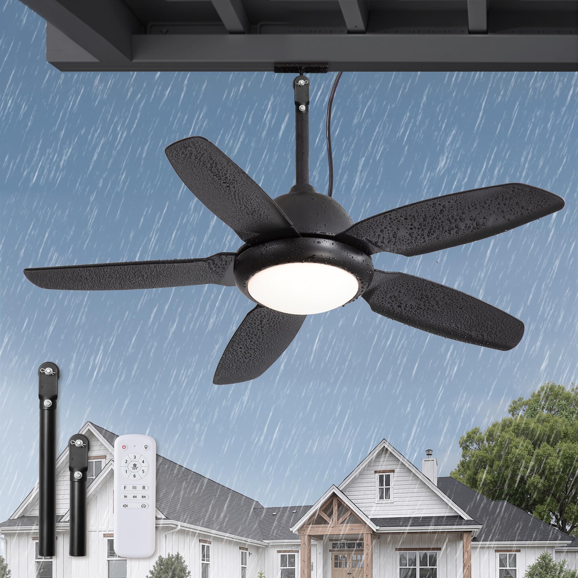 ZMISHIBO Ventilador de Techo Impermeable 107 cm con Luz LED, IP65, Motor DC Silencioso 6 Velocidades 3CCT, Ventilador Colgante para Exterior con Mando a Distancia, Negro