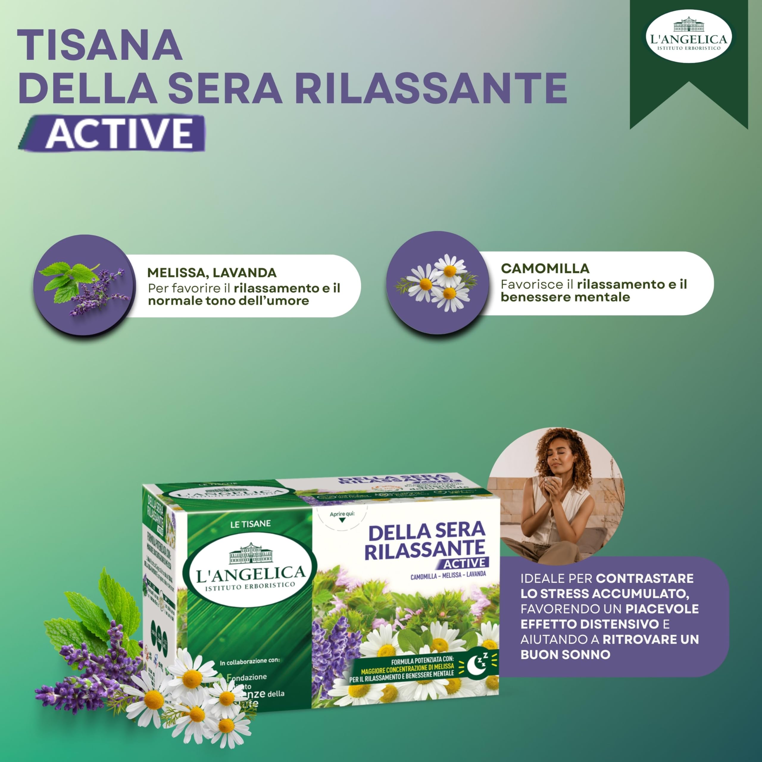 L'Angelica, 10 Astucci da 18 filtri di Tisane Della Sera Rilassante Active, Infuso Funzionale per la Distensione con Camomilla Melissa e Lavanda, per Favorire il Sonno