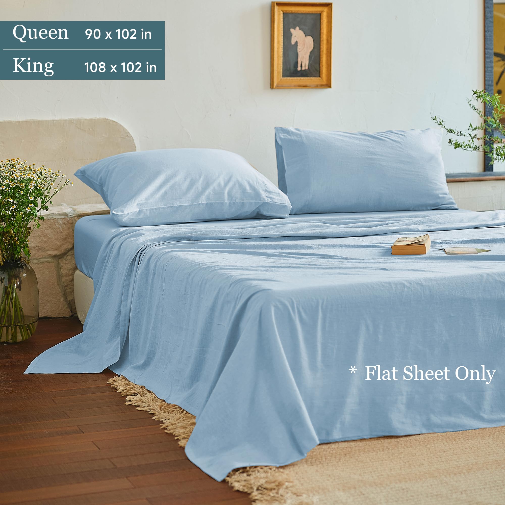 NUMWELL Cotton Flat Sheet Only Queen Size, 100% Stone Washed Cotton Linen Like Cooling Breathable Bed Sheet 1Pcs, Dusty Blue