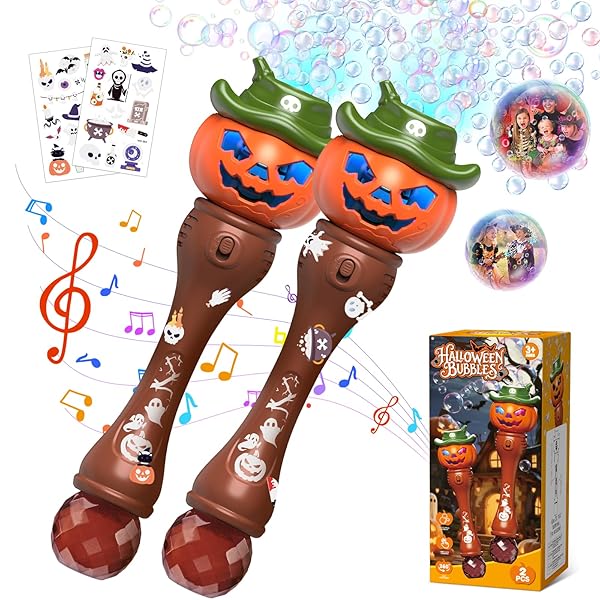Halloween Pumpkin Bubble Wand for Kids - 2 Pack Automatic Bubble Machine Blower Toys for Toddlers 3-8 with LED Lights, Music Function, DIY Stickers,10 Refill Solutions, Halloween Party Favors Gifts
