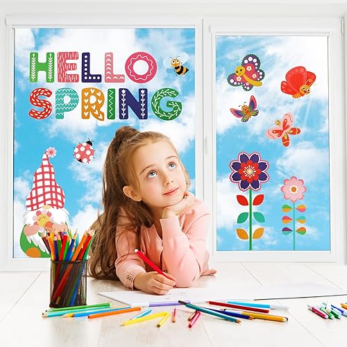 Miniatura 6 de 112 piezas de 9 hojas de calcomanías de ventana de primavera con diseño de flores de mariposa de doble cara calcomanías de ventana de abeja para