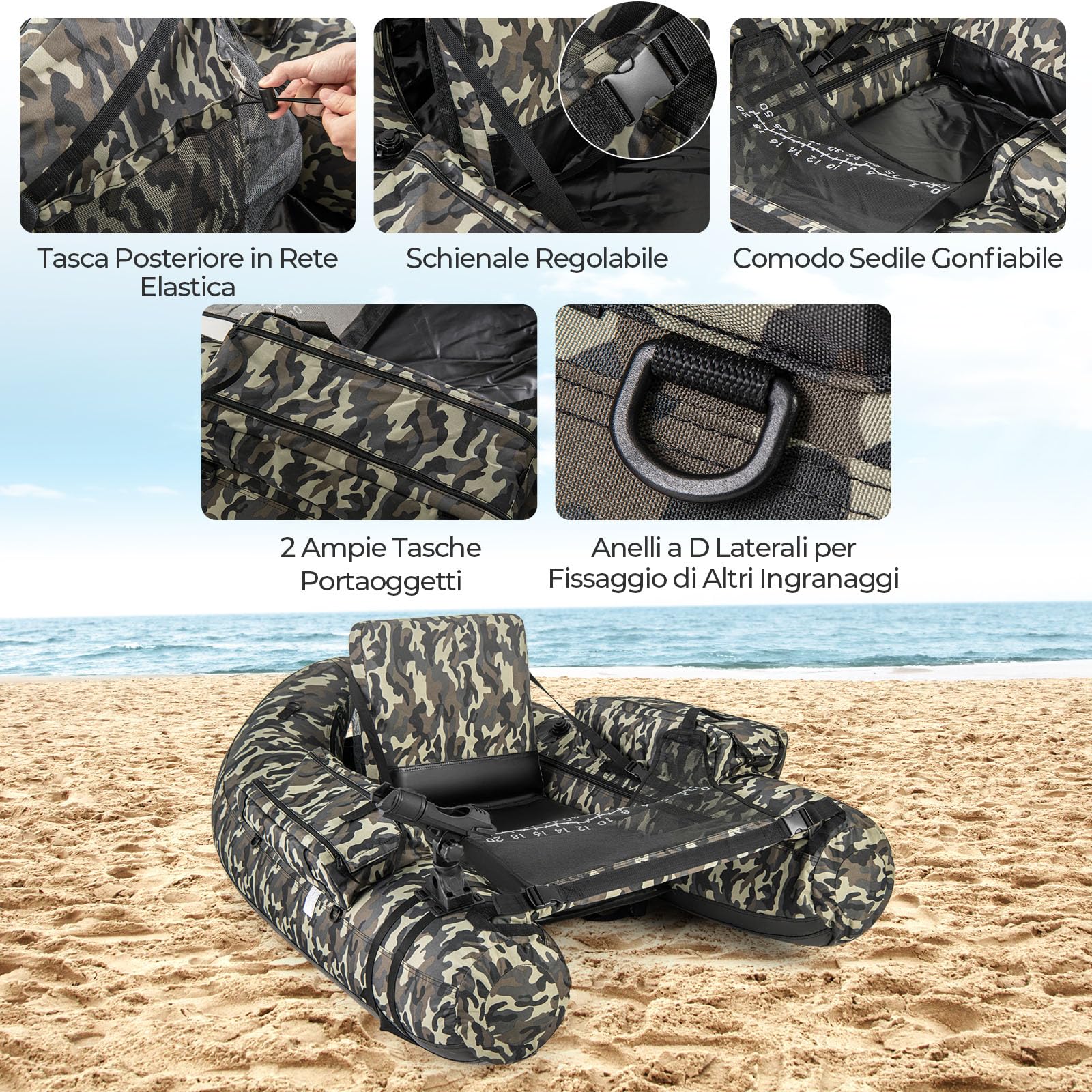 GYMAX Galleggiante da Pesca Gonfiabile, Barca da Pesca Portatile con Spallacci Regolabili, Pompa Manuale, Pagaia, Pinne, Portacanne, Misuratore di Pesce, Spazio di Archiviazione