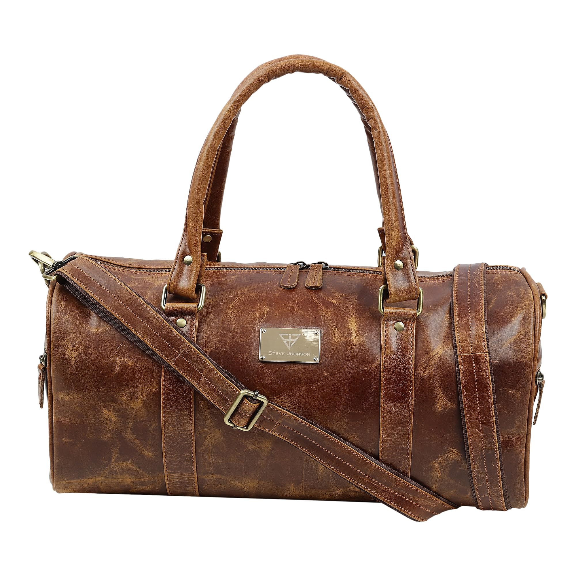 15 Inches Crunchy Natural Leather Duffel Gym Travel Weekender Cabin Size Bag | Sling Belt - Double Handle - Brand Embossed - Metallic Brass Zip | Men Women (Tan)-image-6