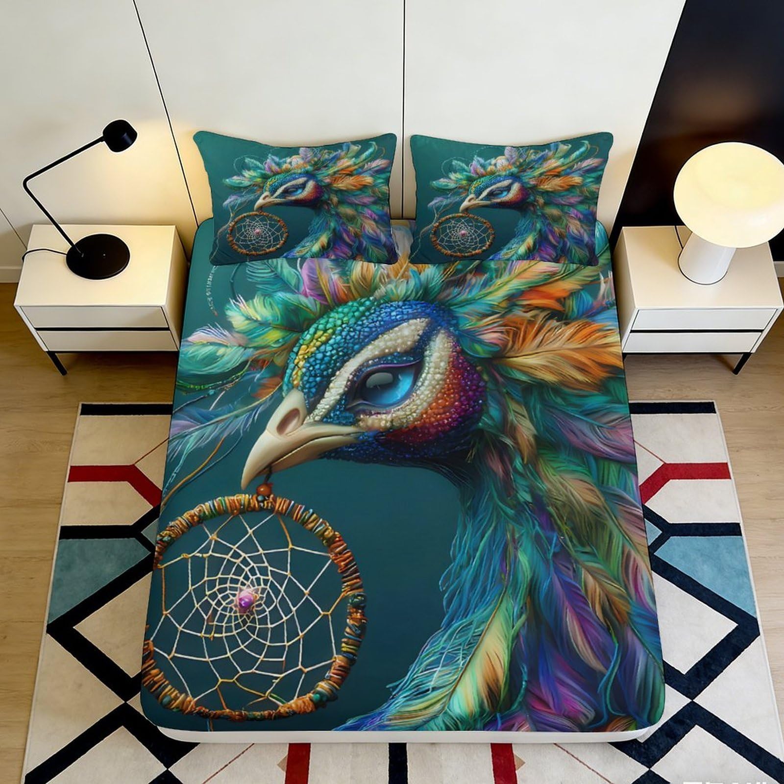 3D Printed Peacock Dreamcatcher Fitted Sheet Microfiber Soft Breathable Bed Sheet for Bedroom Dorm Mattress Protection 90x200x25cm