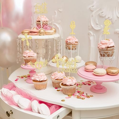 Miniatura 7 de Gyufise 28 adornos para cupcakes con purpurina negra para niños, para bautismo, cáliz de ángel, cruz de la Biblia, para cupcakes, temática de