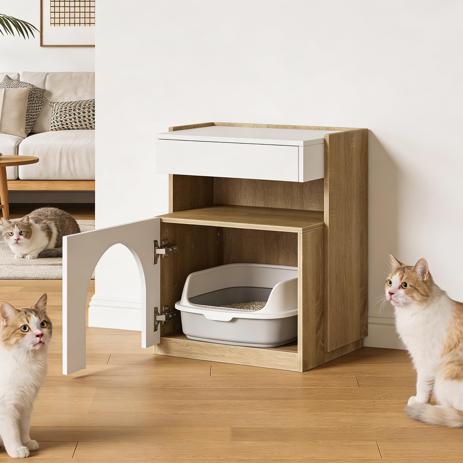 Katzenkäfig Katzenkloschrank mit Katzenhöhle Katzenschrank für Katzentoilette Katzenklo mit 2 Löchern 4 Türen Katzenhaus für Katze Weiß 50x40x58cm