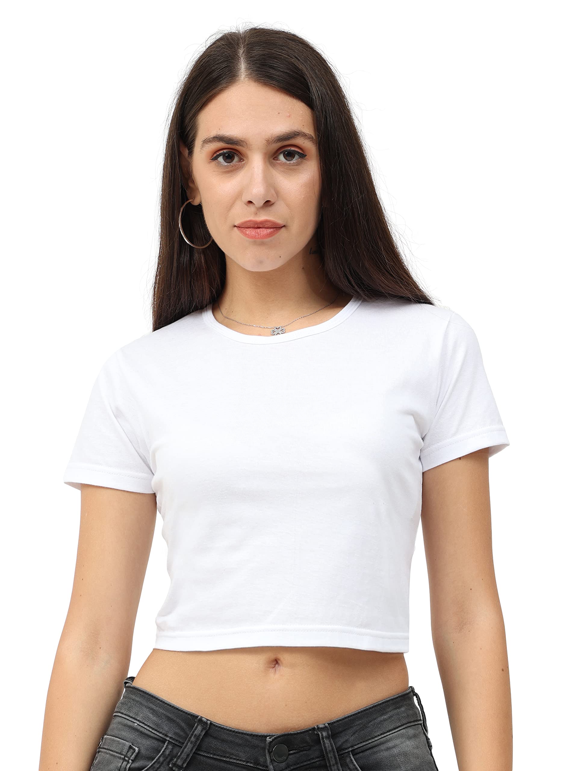 FLEXIMAAWomen's Cotton Plain Round Neck Half Sleeve Crop Top