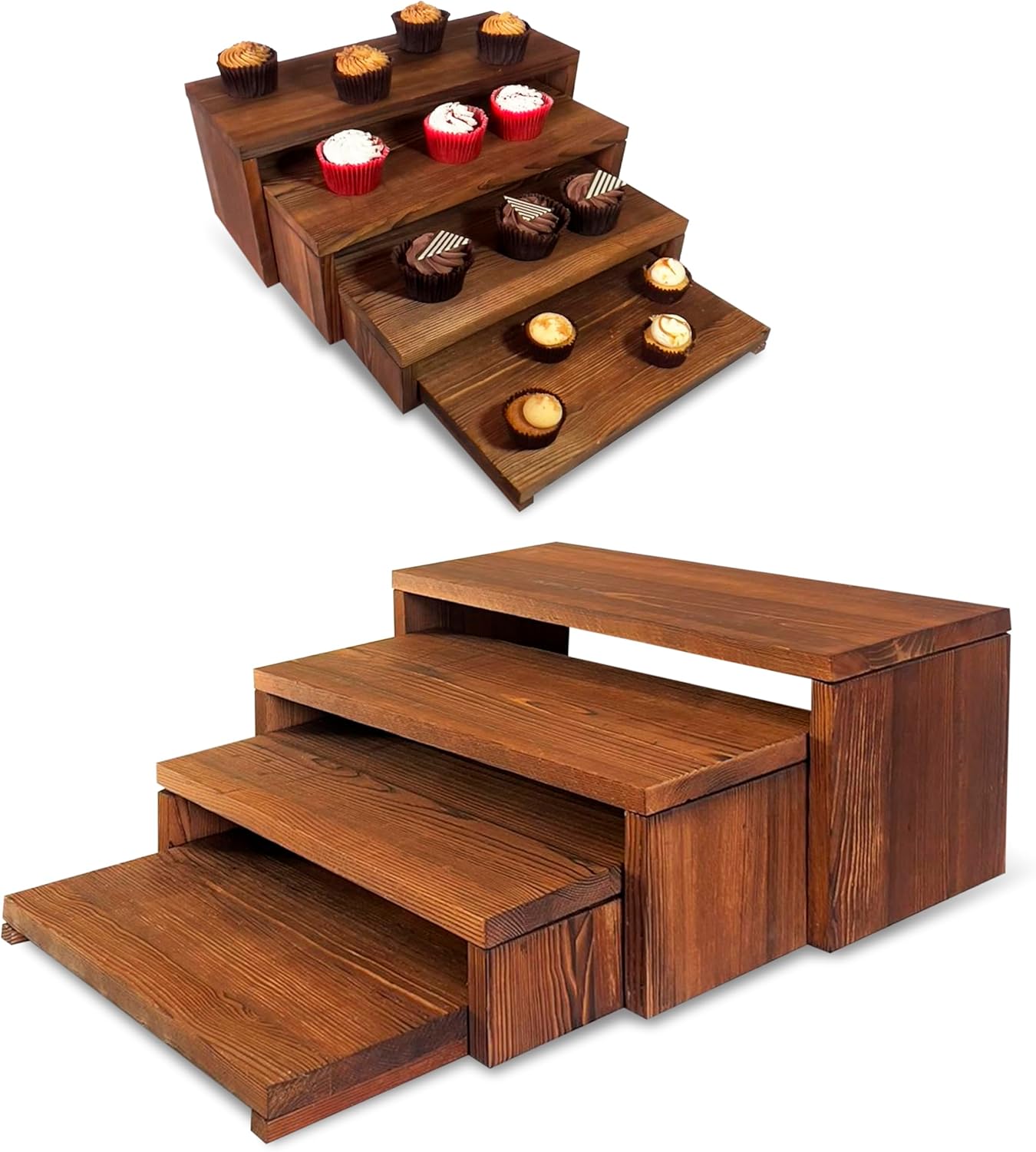 4-Tier Ultra Wide Wooden Display Stand, Wood Riser for Table Display, No Tools Required, Easy to Assemble, Durable Wood Stands for Dessert Table & Home Deco