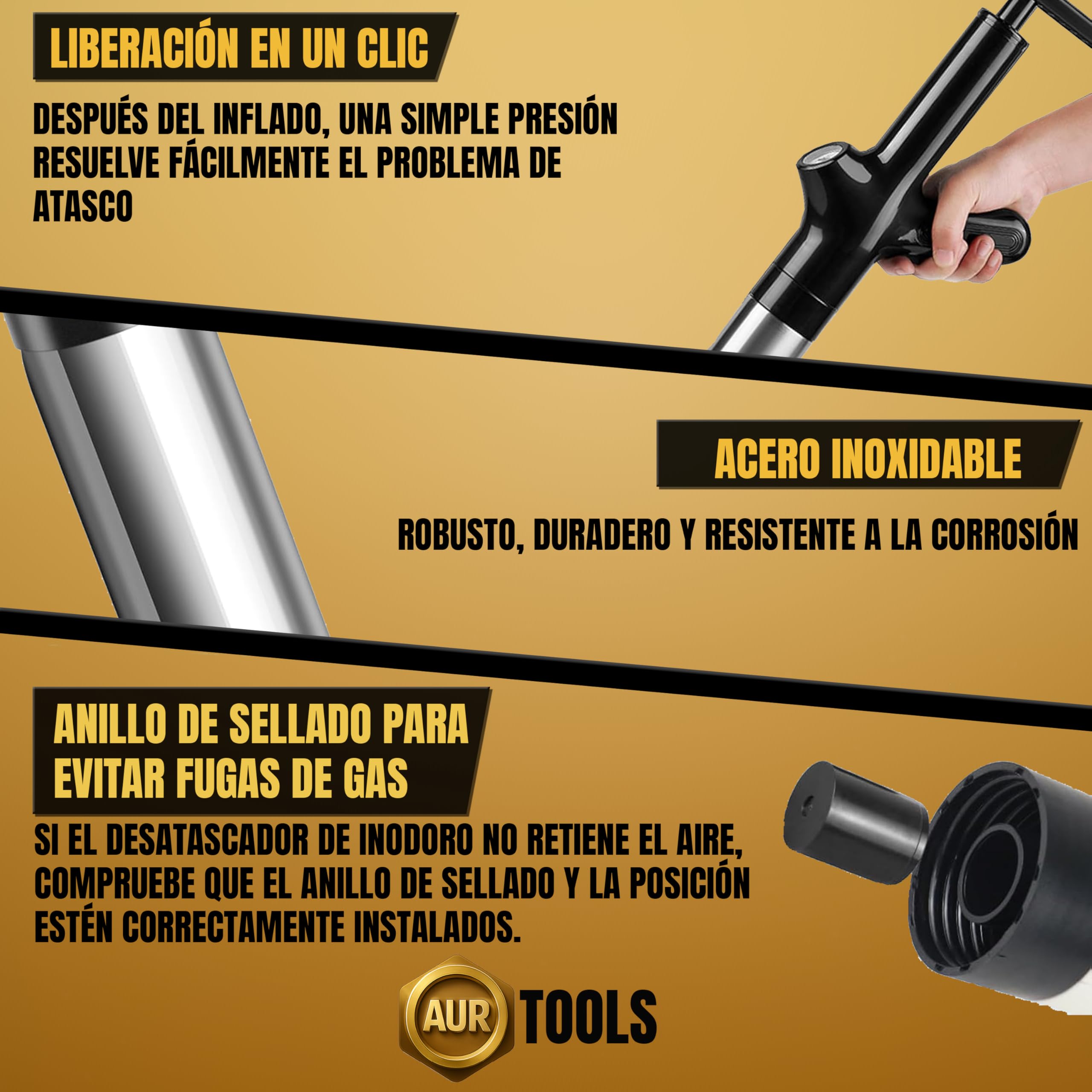 AURTOOLS Desatascador tuberías profesional y pistola desatascador tuberías – con manómetro, 4 boquillas y alambre para tuberías, mochila incluida, alta presión para fregadero, lavabo, WC y ducha