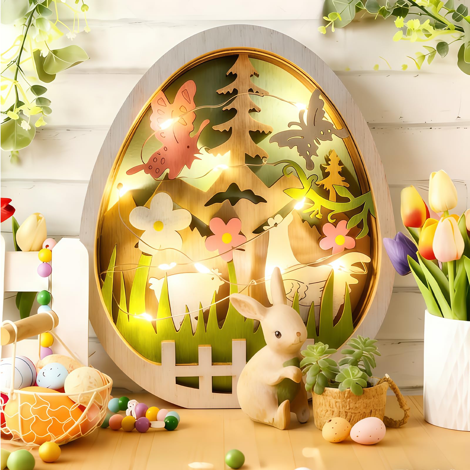 Ostereier Lampen 3D, Osterdeko Holz mit LED Lichterkette, Nachtlicht aus Holzfigur Küken Dekoration mit warmem Licht für Tischdeko, Frühlingsdeko für Zuhause, DIY Ostergeschenk für Kinder und Familie