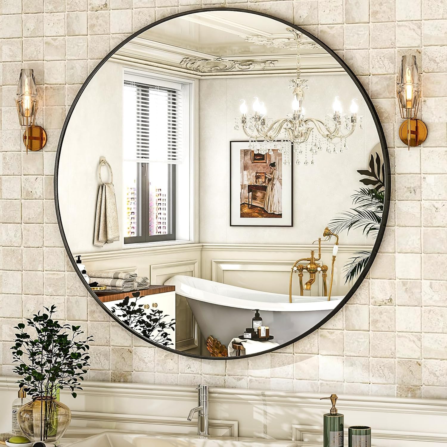 Espejo Redondo 70 cm, Espejos Decorativos de Pared con Marco de Aluminio, Espejos de Pared para Colgar, Espejo Decorativo Pared para Baño, Salón, Dormitorio y Recibidor