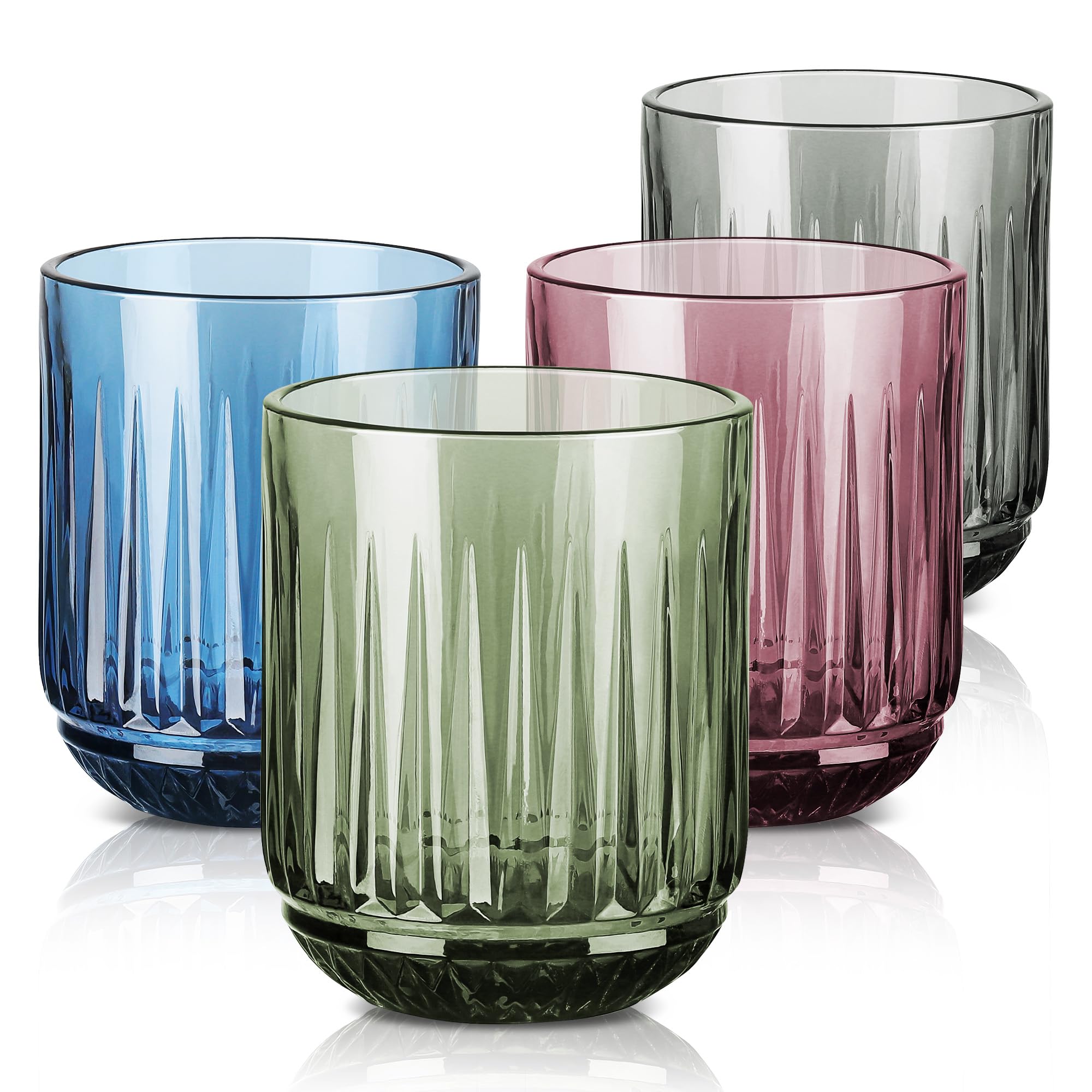 Joeyan 26cl Multicolore Bicchieri da Acqua in Vetro, Set di 4 Tumbler con Costolature Rilievo Per Acqua Gassata,Aperitivo,Succo di Frutta e Bibite, Lavabile in Lavastoviglie (Verde Rosa Blu Grigio)