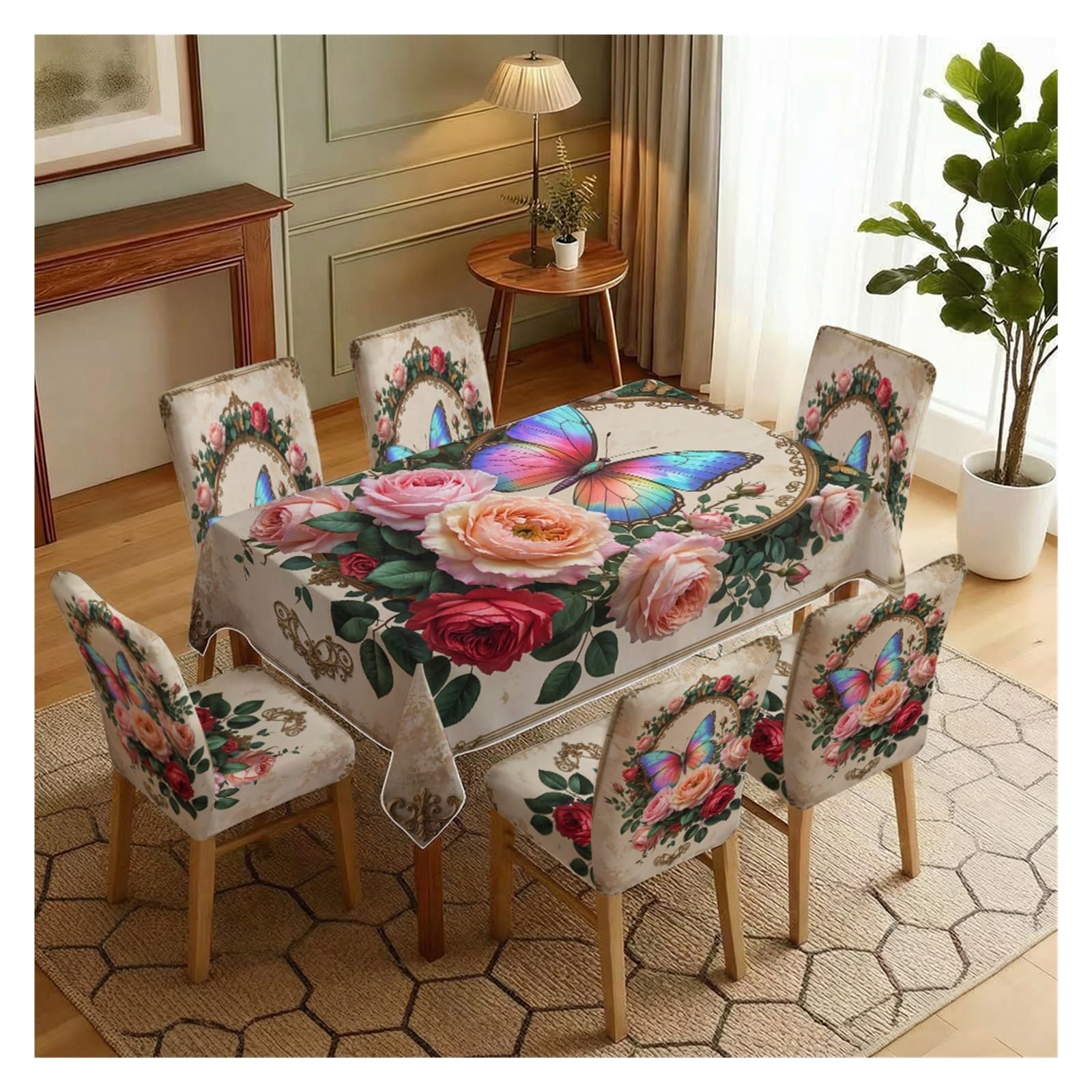BOSUYBN Vintage Rose Butterfly Floral Printed Dining Tablecloth & Chair Covers Set, 5/7 Piece Elegant Romantic Victorian Garden Dining Home Decor Table Setting(7pcs Set: Tablecloth+Chair Covers)