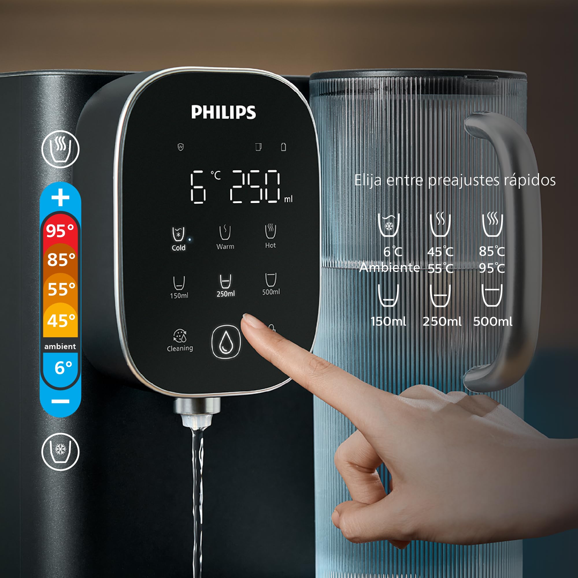 Philips Water Dispensador de Ósmosis Inversa 6500: Agua fría y Caliente purificada al Instante, filtración RO 5 en 1 Reduce >110 contaminantes, relación 3:1, UV-C, sin instalación, 2000 L.