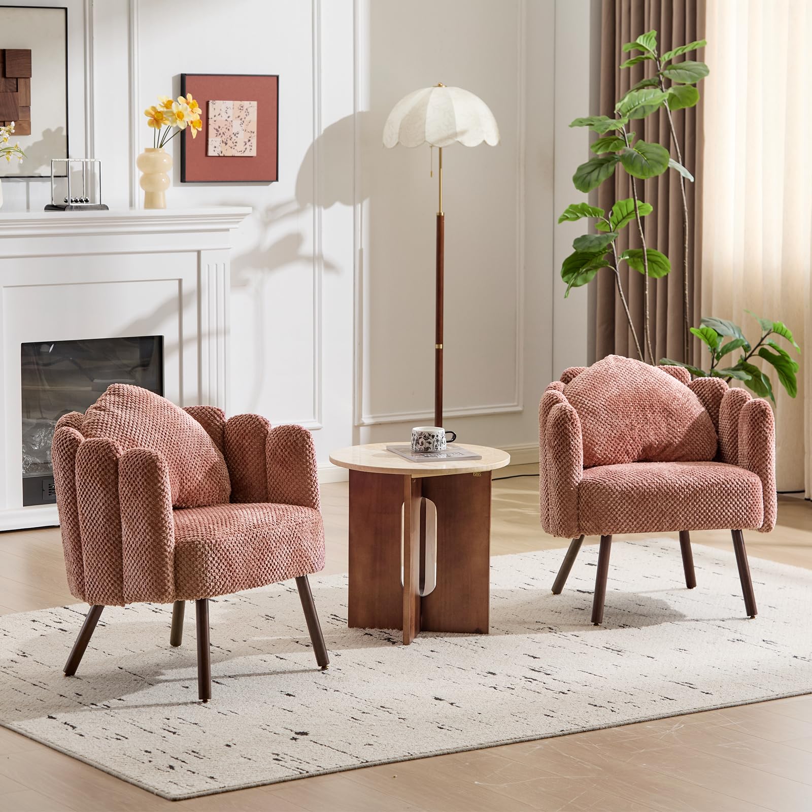 Velvet Vanity Chair Set of 2, Shell Accent Chair with Wooden Legs & Pillow, Petal Reading Chair for Bedroom Living Room, Makeup Armchair with Removable Washable Cover, Pink