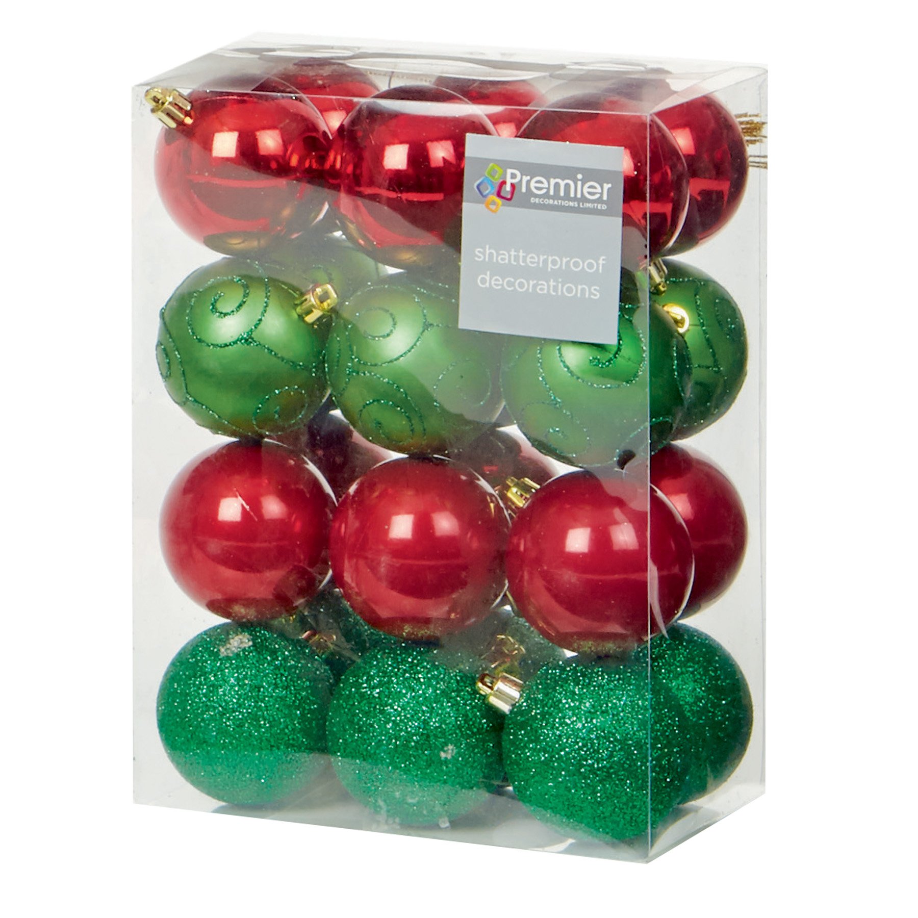 Premier Red Christmas Decoration 24 Pack 60Mm Shatterproof Baubles - Green