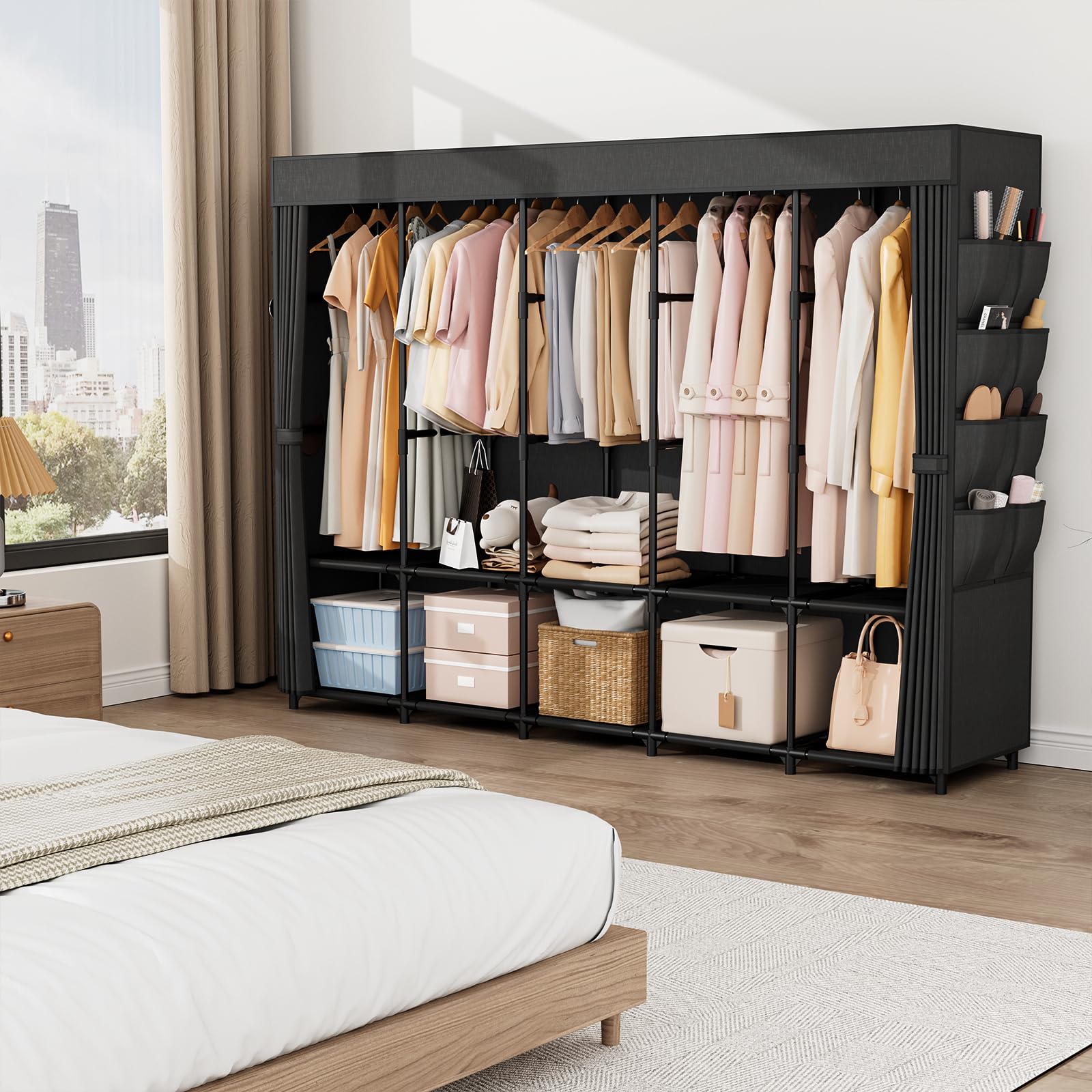 Vicye Armoire Chambre Adulte Tissu, Penderie Vetement Grande Capacité 210 cm Largeur, Dressing Penderie avec Housse, 10 étagères de Rangement et 5 Barres, Garde Robe Adulte Robuste pour Dressing