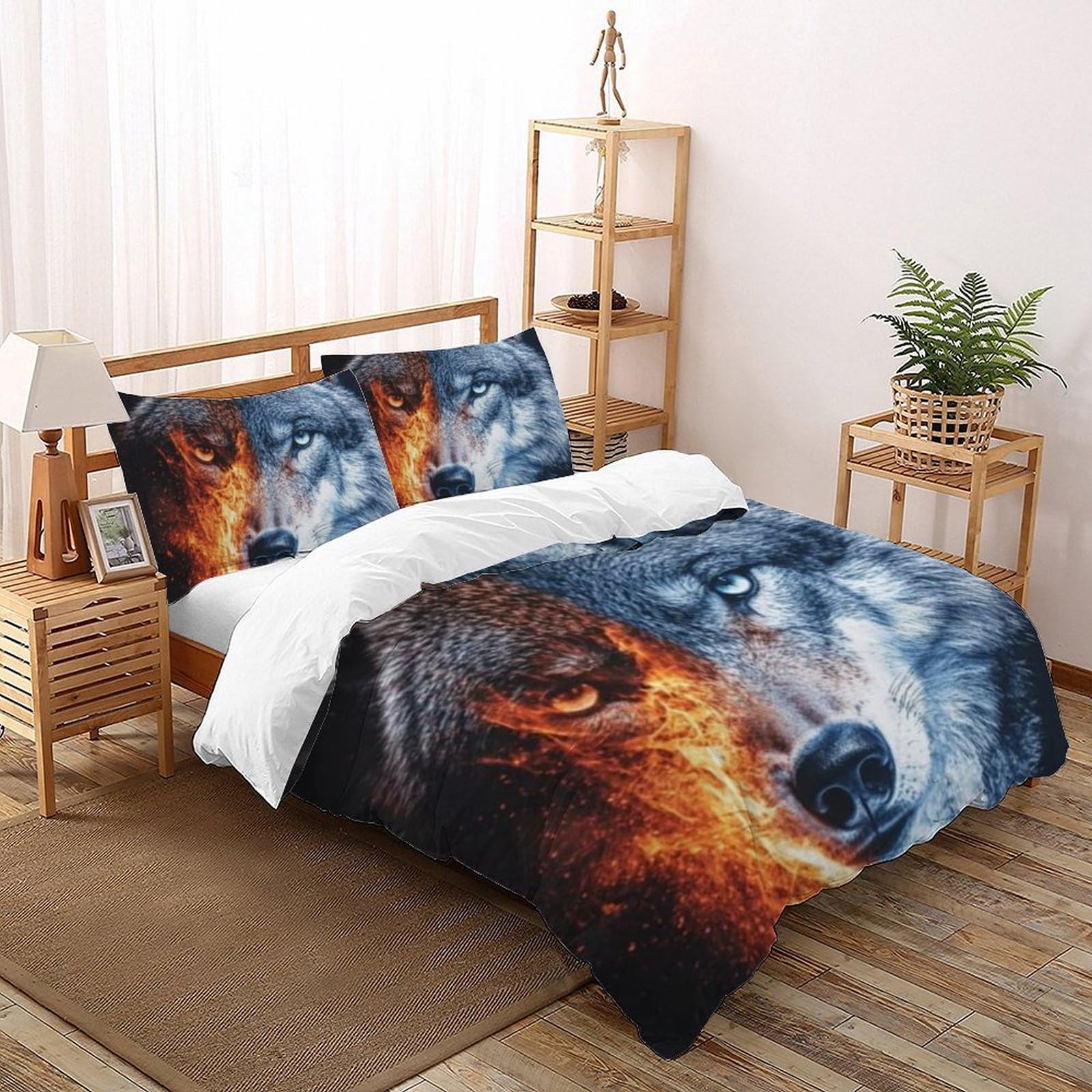 Housse de couette loup 220x240 cm en microfibre imprimée 3D avec fermeture éclair pour lit King