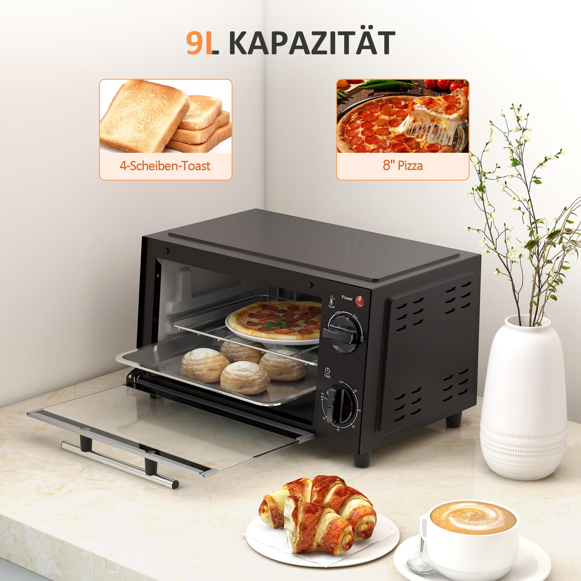 HOMCOM Mini Backofen 9 L 750W 100-230℃ 60 Min. Timer inkl. Backblech, Grillrost, Glas Fenster, Platzsparend Minibackofen Pizza-Ofen, Schwarz