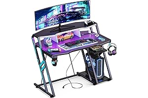 MOTPK 39 Inch Gaming Desk with Integrated Outlet and LED Lights
