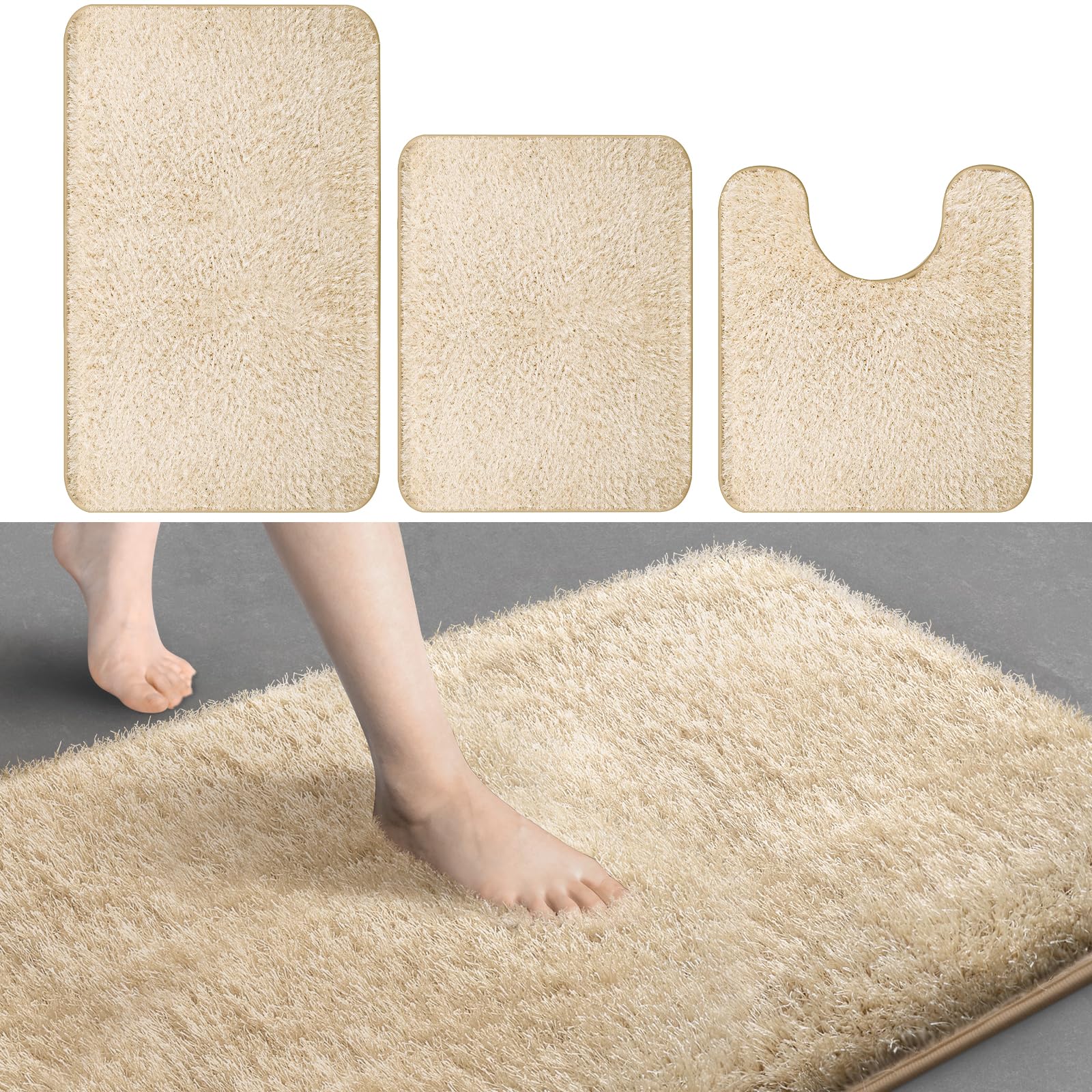 FEELSOBathroom Rugs Sets 3 Piece, Extra Soft and Absorbent Thick Fluffy Non Slip Microfiber Bath Mat, Quick Dry Machine Washable Carpet and Contour Toilet Rug for Bathroom Floor, Tub and Shower