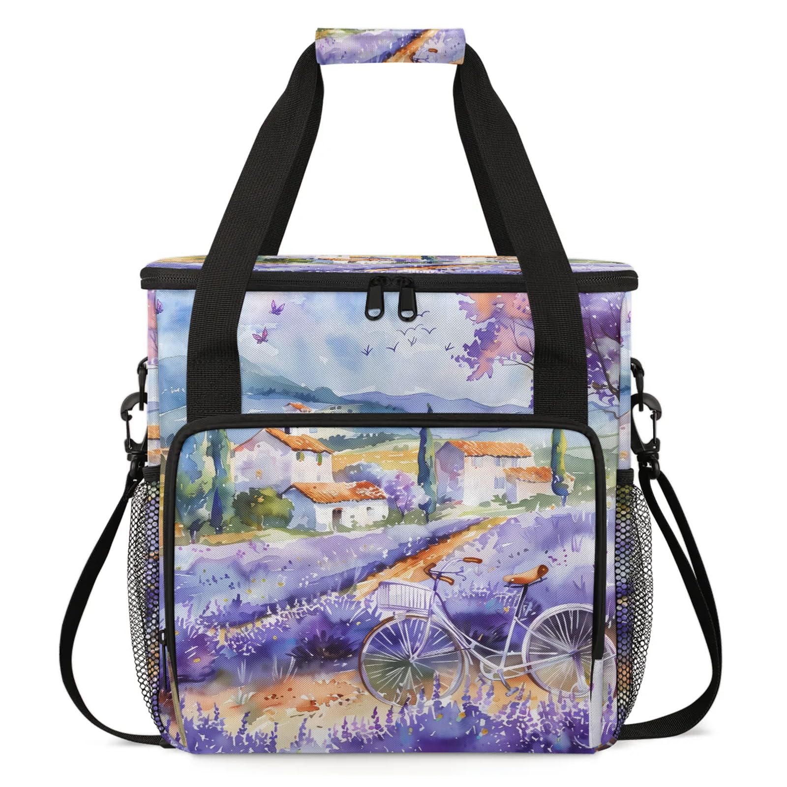 Adornori Lavender Flowers Bicycle Coffee Maker Carring Bag, Large Insulated Storage Organizer Case Tote Bags with Shoulder Strap for Travel Work Picnic