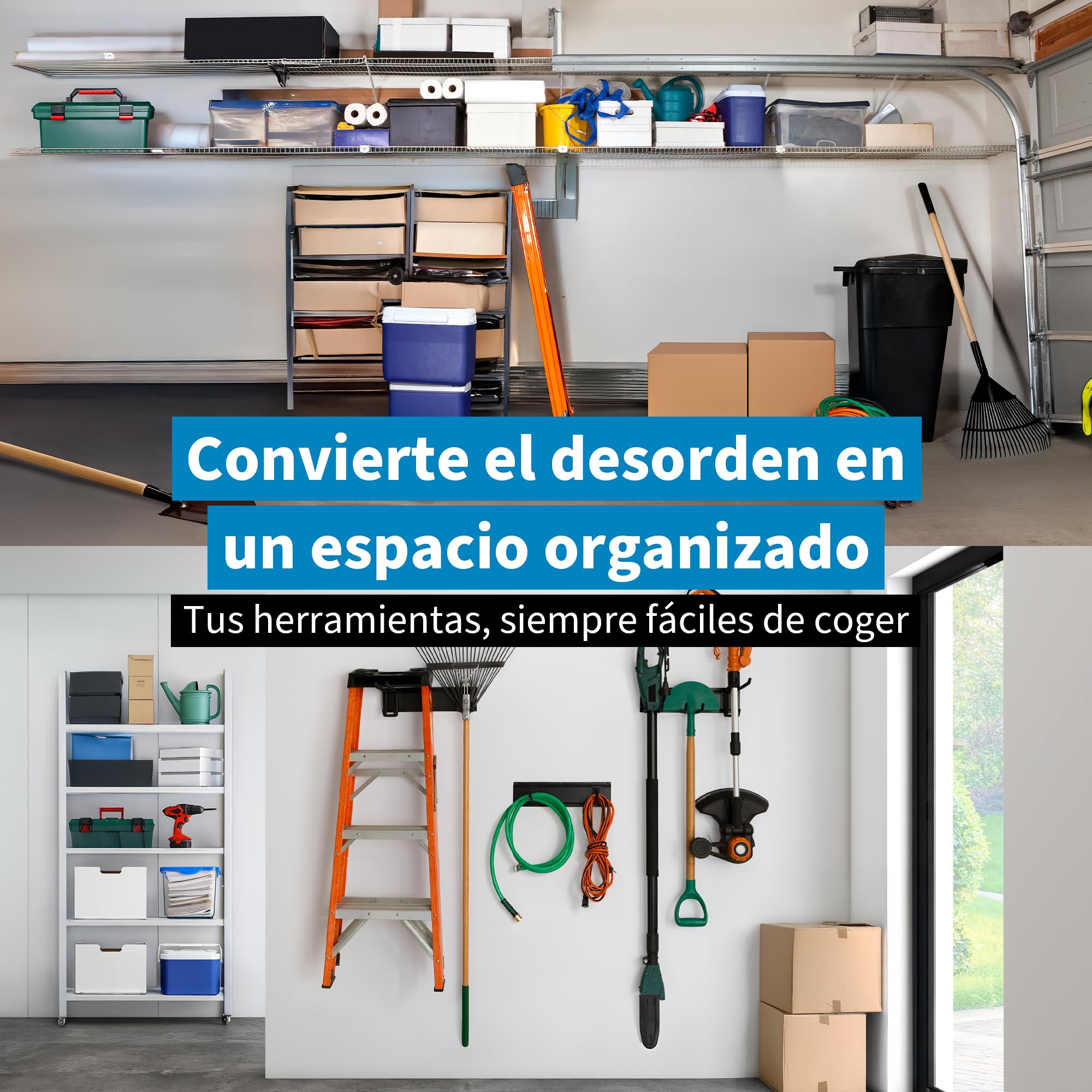Precision Defined Almacenamiento de garaje, organización de garaje, organizador de herramientas de jardín de montaje en pared, ganchos ajustables de metal resistente, sistema de colgador de patio