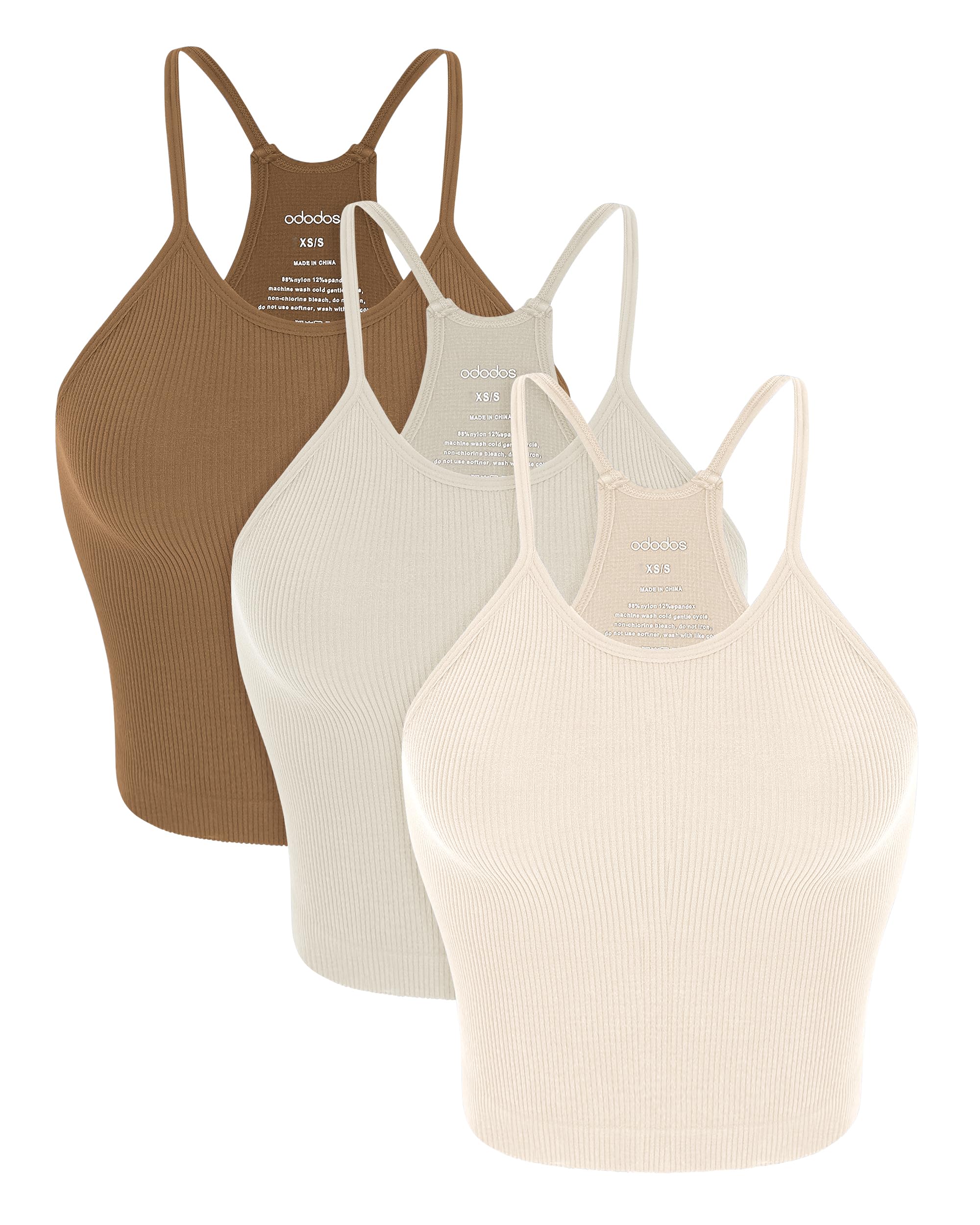 ODODOS Women's Crop 3-Pack Seamless Rib-Knit Camisole Crop Tank Tops