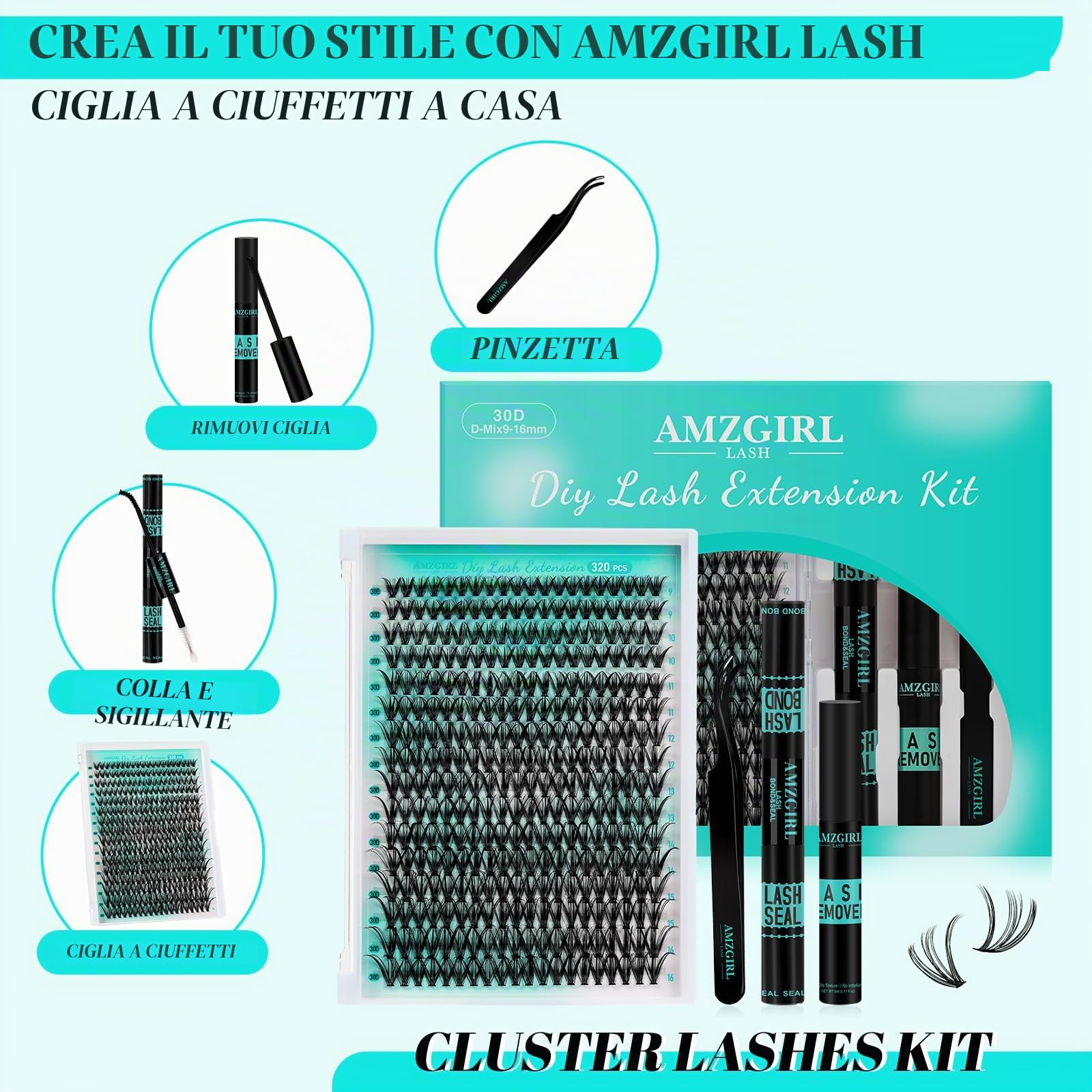 Set di 320 extension per ciglia finte, 30D, naturali, fai da te, ciglia, set di ciglia personalizzate, con bond e sigillanti