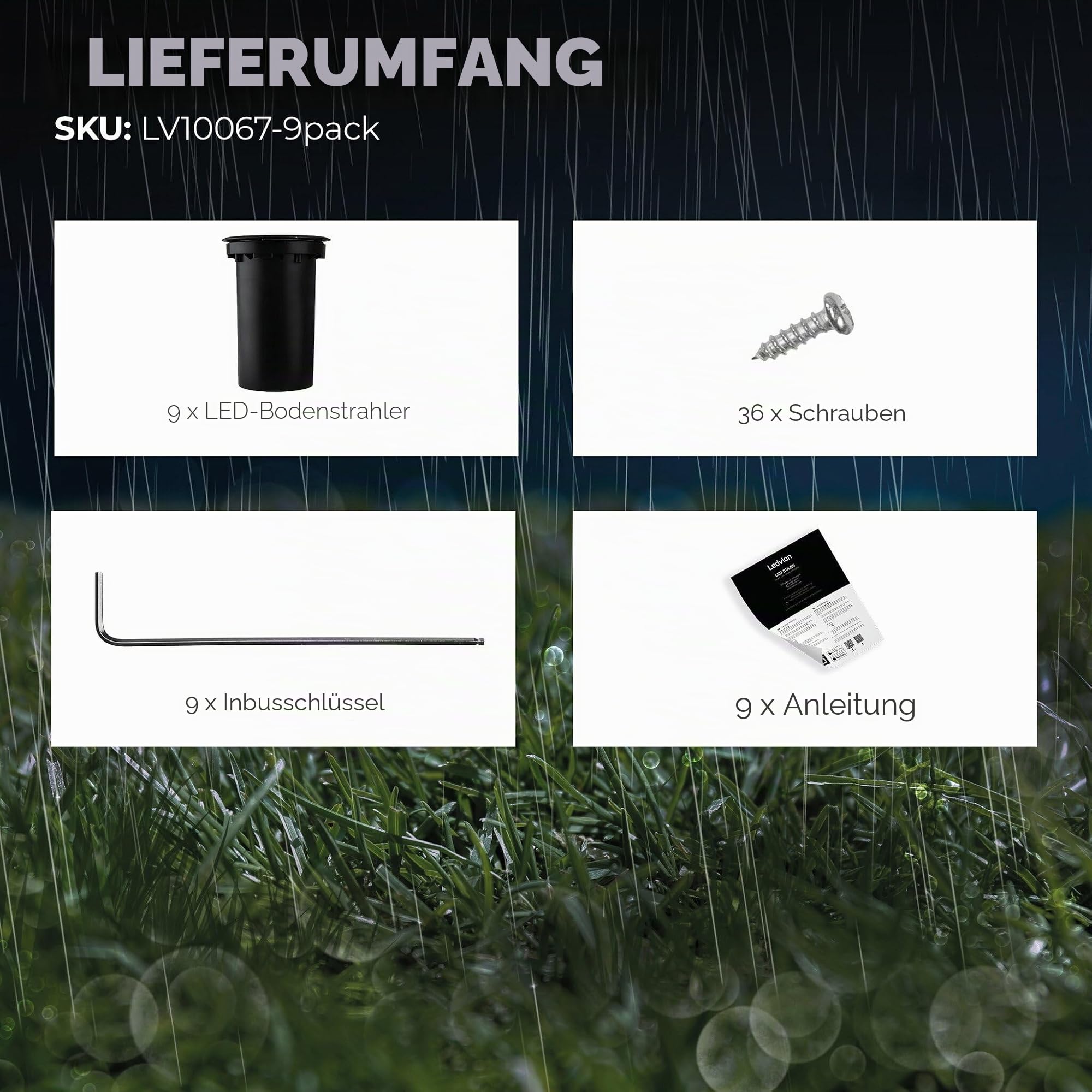 Ledvion - 9X LED Einbauleuchten Schwarz & Rund, IP67, GU10, 1m Kabel, Außenbeleuchtung, Terrassenbeleuchtung