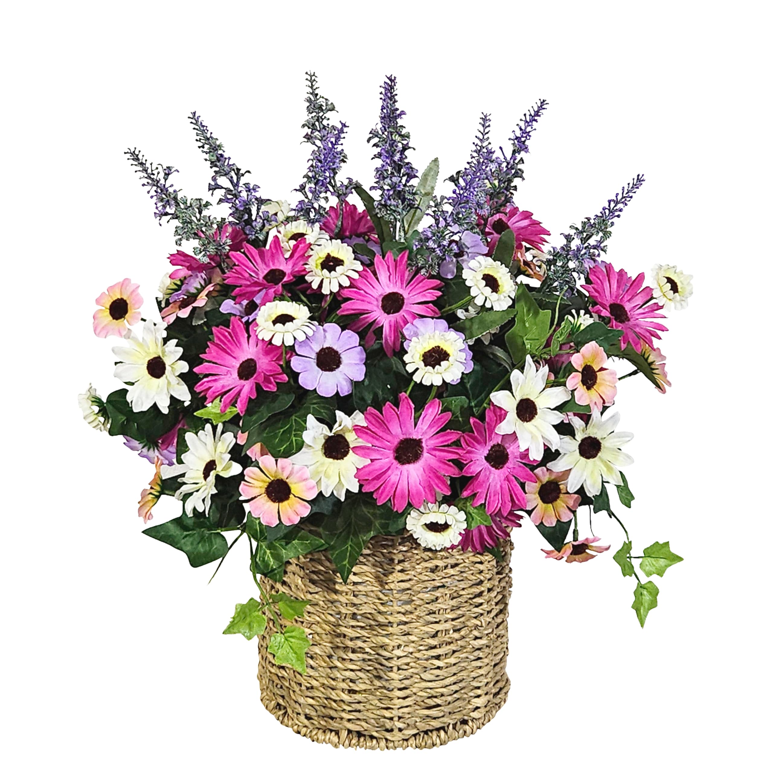 MAGIC STYLE HOME Artificial Mixed Flower Arrangement with Gerbera Daisies and Lavender in Woven Basket, Spring Summer Table Centerpiece, Pink Purple Yellow