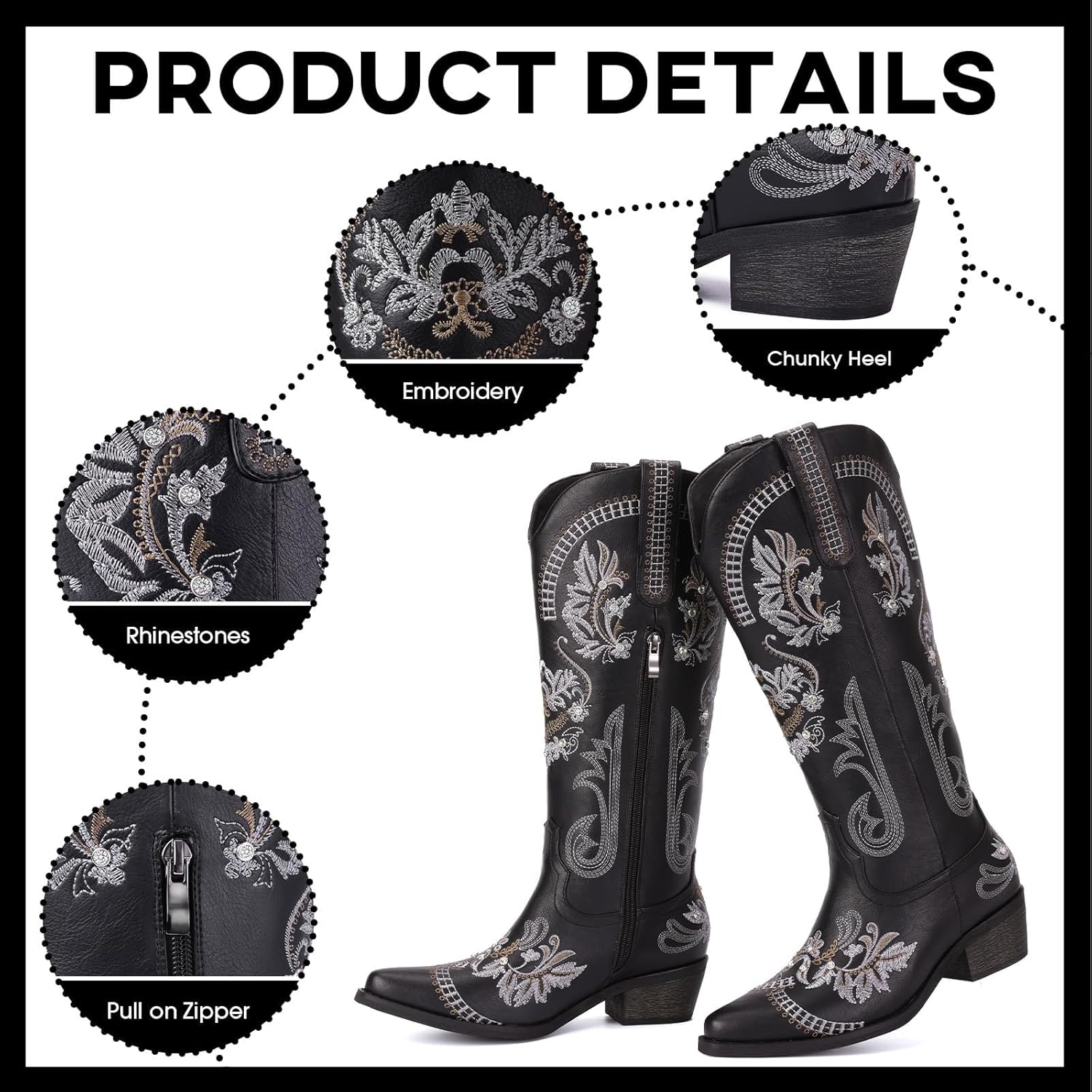 Women's Wide Calf Knee High Sparkly Rhinestone Western Country Boots - Glitter, Classic Embroidery, Pointed Toe, Pull On Zipper Retro Boots - Image 5