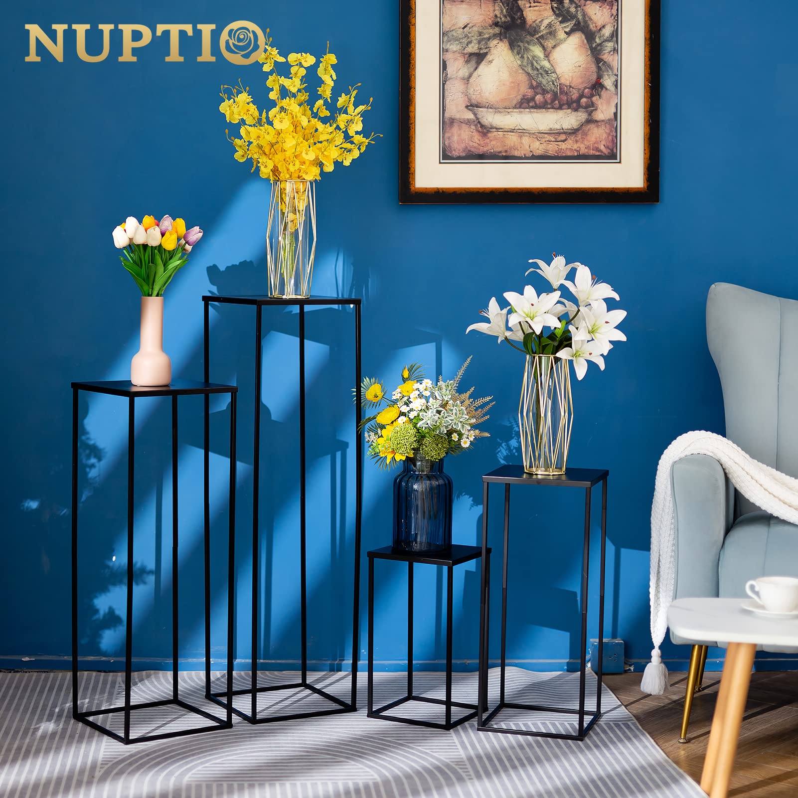 Nuptio Supporto per Piante Vaso Nero - 2 Vasi Fiori Alti 100cm per Centrotavola Feste Compleanno Nozze - Espositore Tavolo con Colonna Metallo per Fiori Ad Angolo Interni Decorazioni Soggiorno Casa