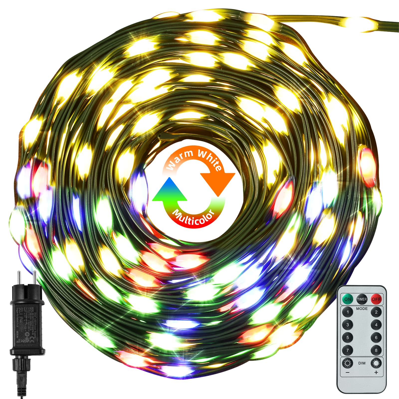 HOVVIDA Łańcuch świetlny na zewnątrz, 40 m, 400 diod LED, ciepła biel i wielokolorowa, klasa wodoszczelności IP65, 31 V, łańcuch świetlny na choinkę