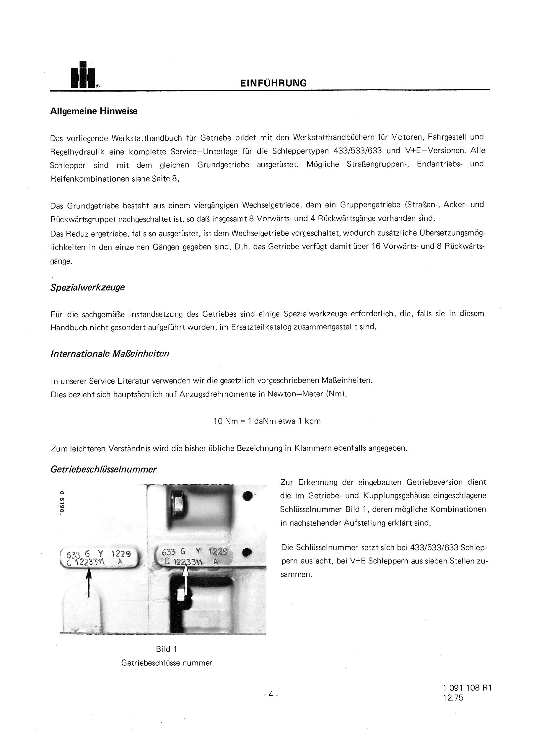 IHC Werkstatthandbuch Getriebe Traktor 433 533 633 und V + E Version (Serie II)