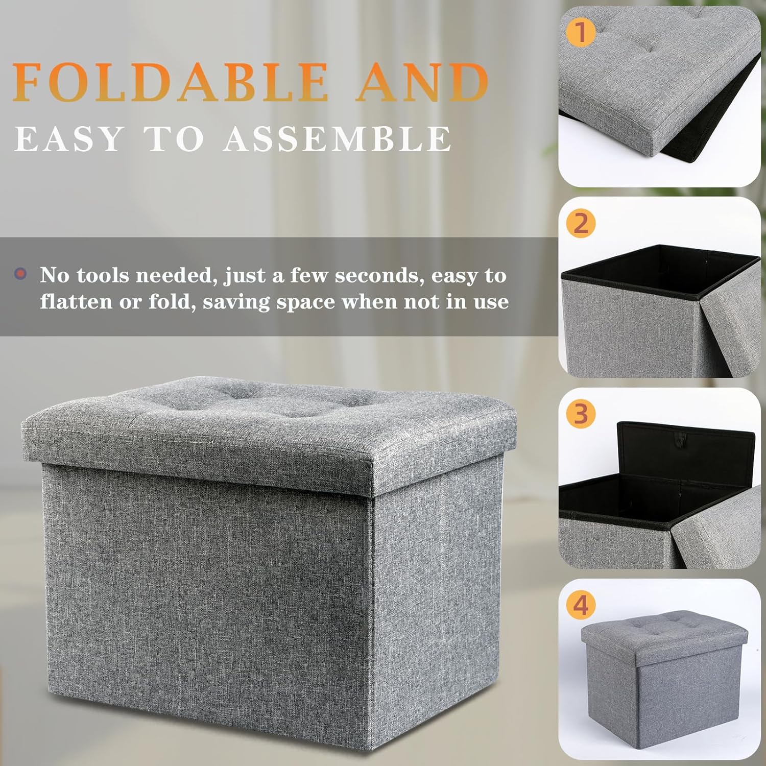 NIENIE Linen Folding Storage Ottoman Coffee Table Small Foot Stool for Living Room, Bedroom, 15.7"X11.8"X11.8", Grey - Image 4