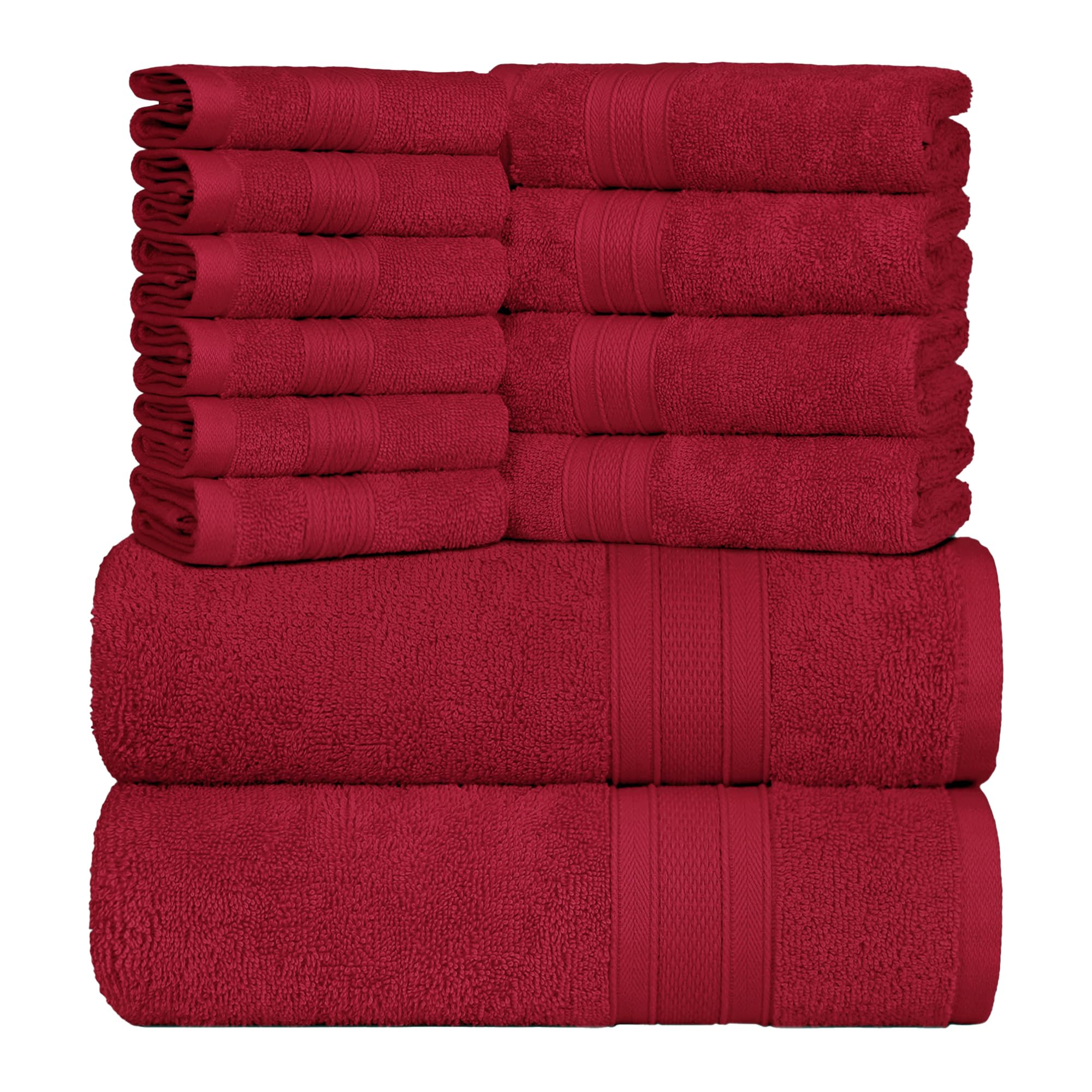 Trident Soft Comfort Air Rich Towels for Bath, 100% Cotton Towel, Super Soft, Highly Absorbent, 12 Pieces Towel Set, 500 GSM - Crimson