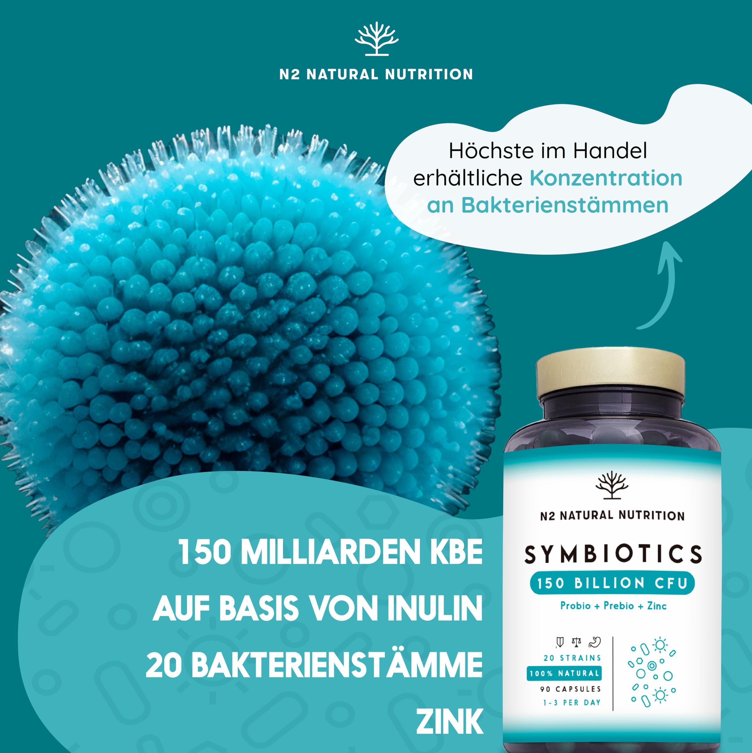 Kulturen Komplex 400 Mrd KBE/g. 20 Bakterienstämme. Höchste Konzentration mit Inulin + Zink. Darmflora Aufbau. 100% Vegan. 90 Kapseln. N2 Natural Nutrition