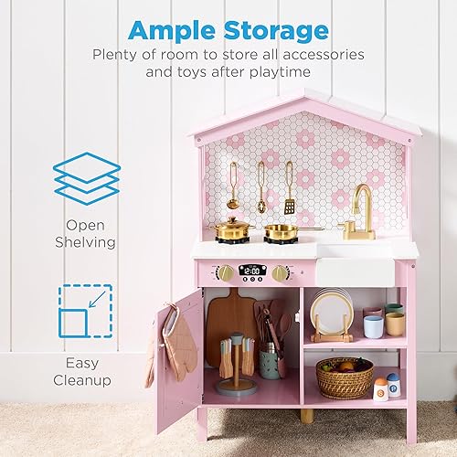 Miniatura 3 de Best Choice Products Juego de cocina de madera para niños con almacenamiento de juguetes, perillas de clic, ventanas, 5 accesorios incluidos, rosa