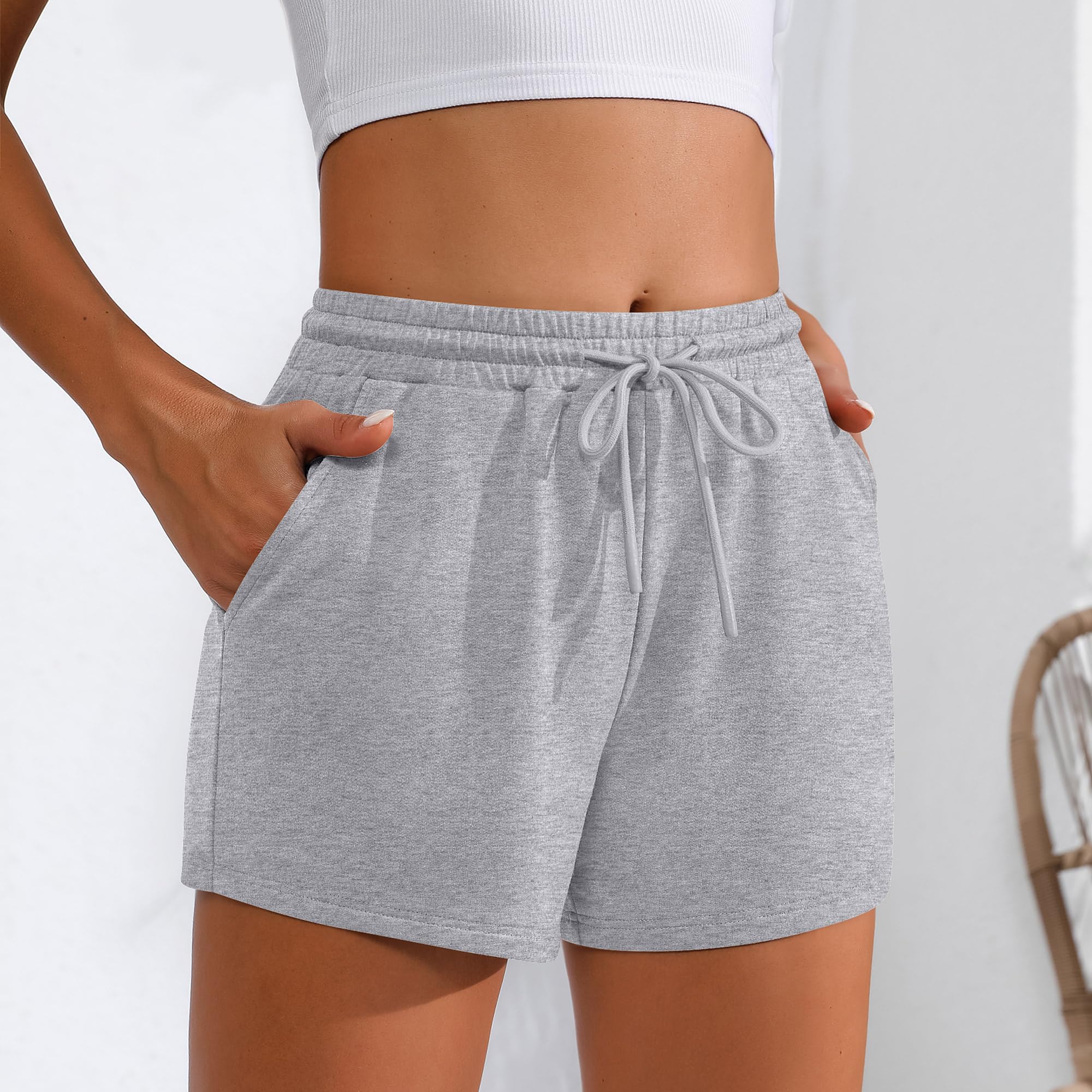 Neer Paquete de 4 pantalones cortos deportivos para mujer, casuales, cómodos, con cordón, cintura alta, con bolsillo, para verano, 2025