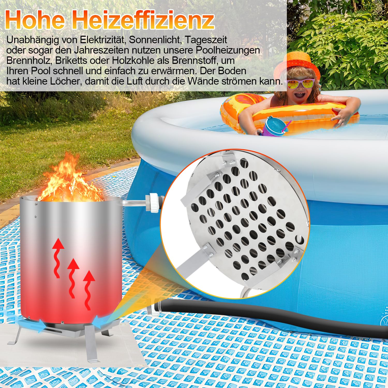 Gimisgu Riscaldamento per Piscina con Fuoco, Serbatoio per Piscina con Spirale riscaldante, 100% Acciaio Inox, Riscaldamento per Piscina con connettori da 32/38 mm