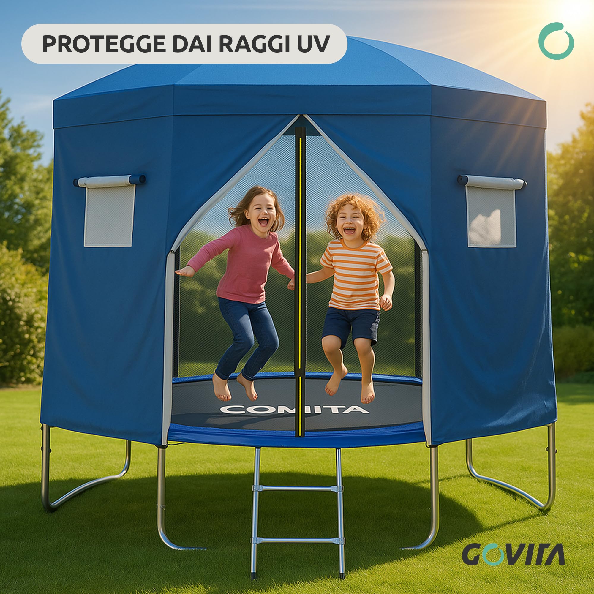 GOVITA Tenda per Trampolino 250 cm con Rete, Copertura Parasole e Antipioggia, Tetto Impermeabile UV per Trampolino da Giardino, Gazebo Trampolino per Bambini, Protezione Sole, Vento e Pioggia | Traspirante ed Impermeabile