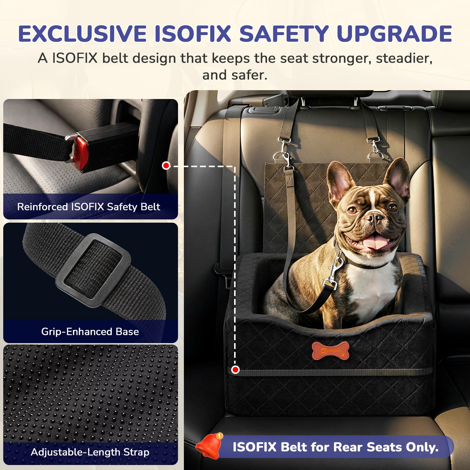 Dog Car Seat for Small Medium Dogs, 6" Elevated Dog Booster Seat with ISOFIX Safety Fixation, Washable Cover & High Density Memory Foam, Portable for Car Front/Rear/Trunk Home Outdoor Use (Jet Black) - image 3