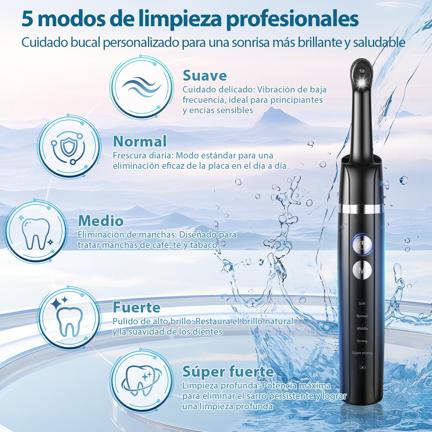 Kit Pulidor Dental Recargable para Limpieza y Blanqueamiento Dental, limpiador de sarro dental con 5 Cabezales, 5 Velocidades, Luz LED, quita sarro dental y manchas, IPX6 Resistente al Agua — view 6