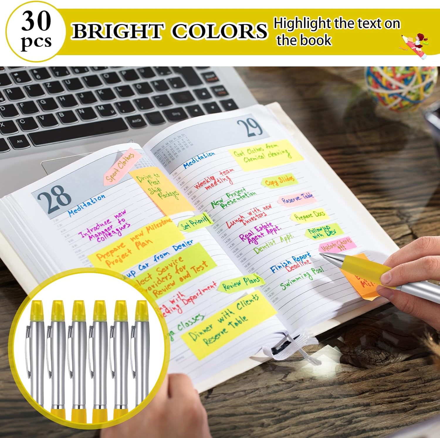 Colarr 30 Pcs Highlighter with Ballpoint Pen Combo Chisel Tips Pen Highlighter Combo for Student Office Writing Coloring Underlining Highlighting(Yellow)