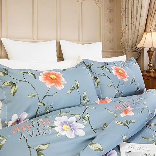 Miniatura 2 de Usfivefam Juego de funda de edredón azul grisáceo tamaño Queen, 3 piezas, ropa de cama floral de lujo, cómoda, ultra suave y transpirable, funda de