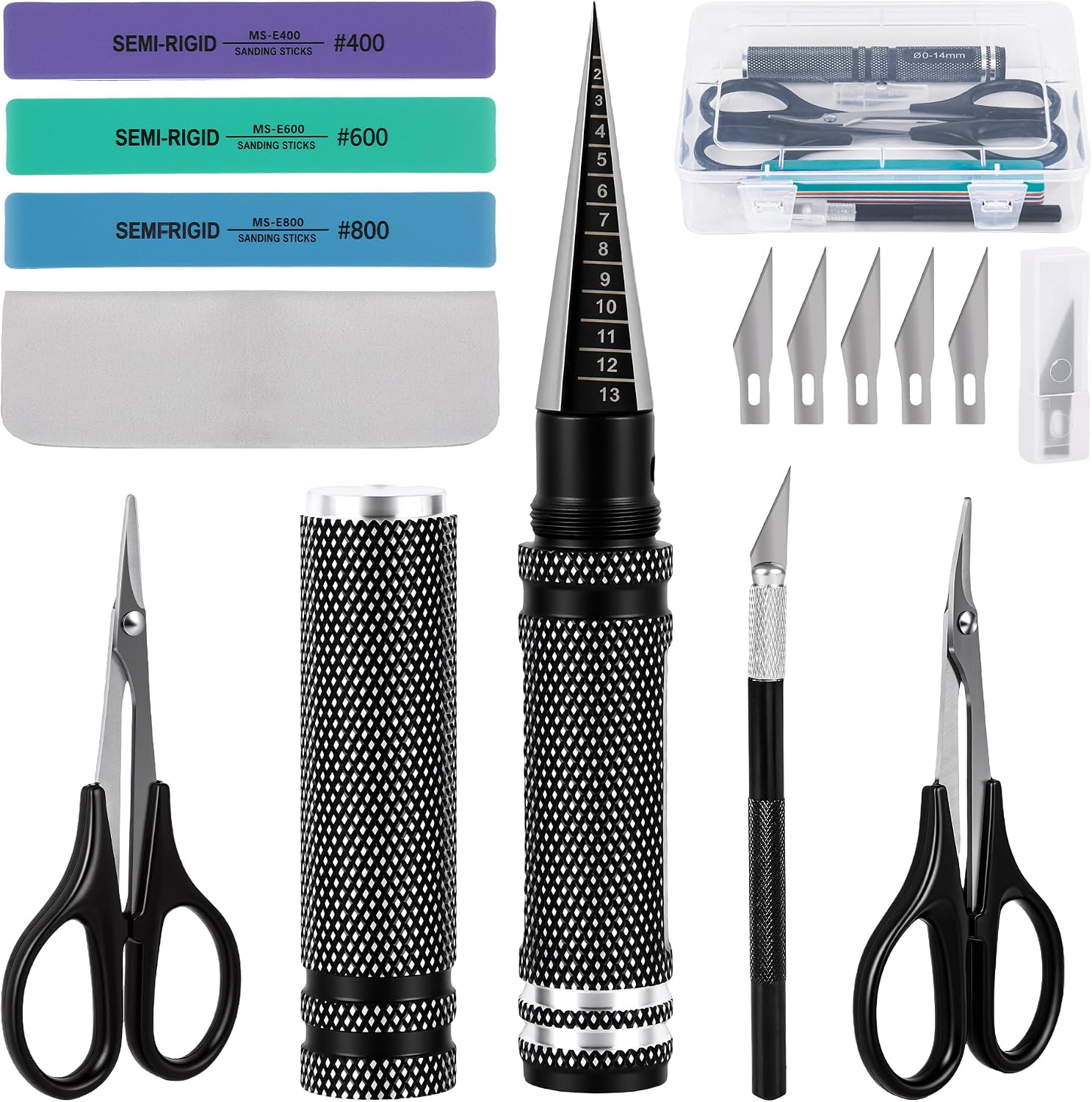 RC Car Body Reamer 0-14mm Hole Puncher Tool Kit with Curved & Straight Lexan Scissors, Hobby Knife, RC Accessories, RC Shell Mounting &Trimming Tools for Trucks & Plastic Model Building (Black)